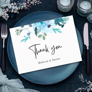 Elegant spring dusty blue white floral wedding thank you card