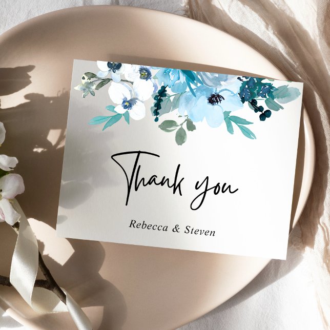 Elegant spring dusty blue white floral wedding thank you card (Creator Uploaded)