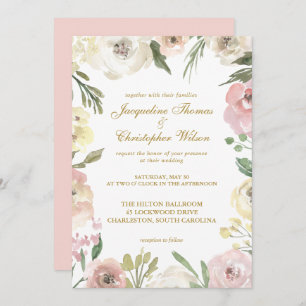 Elegant Spring Floral Blush Pink Gold Wedding Invitation