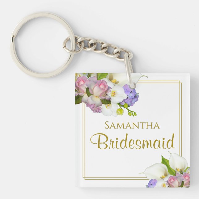 Elegant Spring Floral Bridesmaid Favour with Name Key Ring (Front)