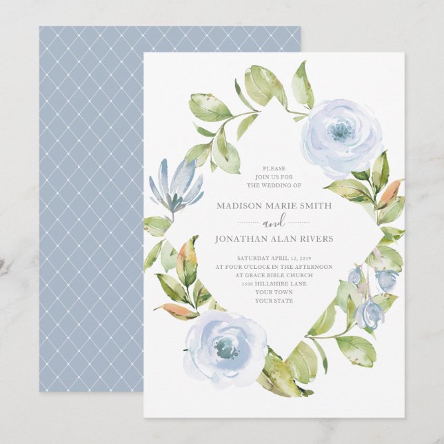 Elegant Spring Floral Diamond Dusty Blue Wedding Invitation (Front/Back)