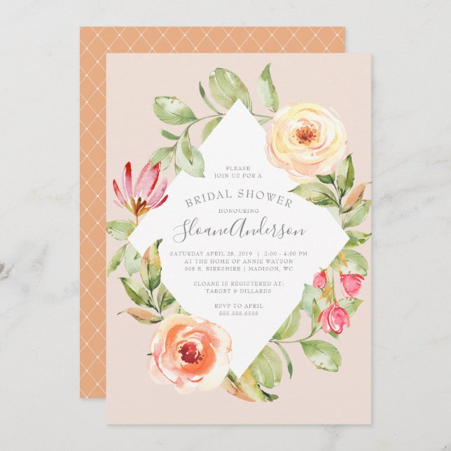 Elegant Spring Floral Diamond Peach Bridal Shower Invitation (Front/Back)