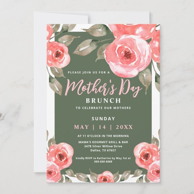 Elegant Spring Floral Green Mother's Day Brunch Invitation (Front)