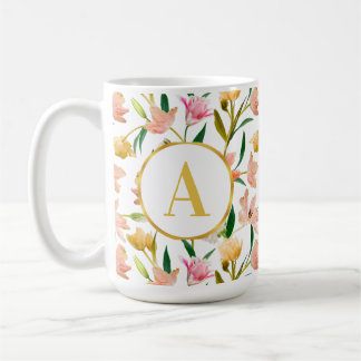 Elegant Spring Floral Monogram with Golden Accent Coffee Mug