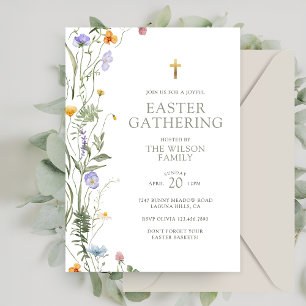 Elegant Spring Florals Gold Cross Easter Gathering Invitation