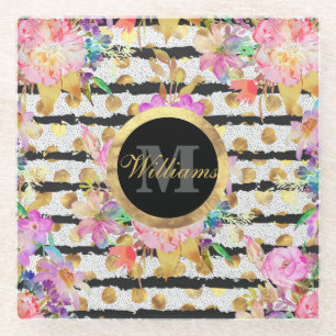 Elegant spring flowers and stripes design glass coaster