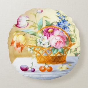 Elegant Spring Garden Floral Basket with Tulips Round Cushion