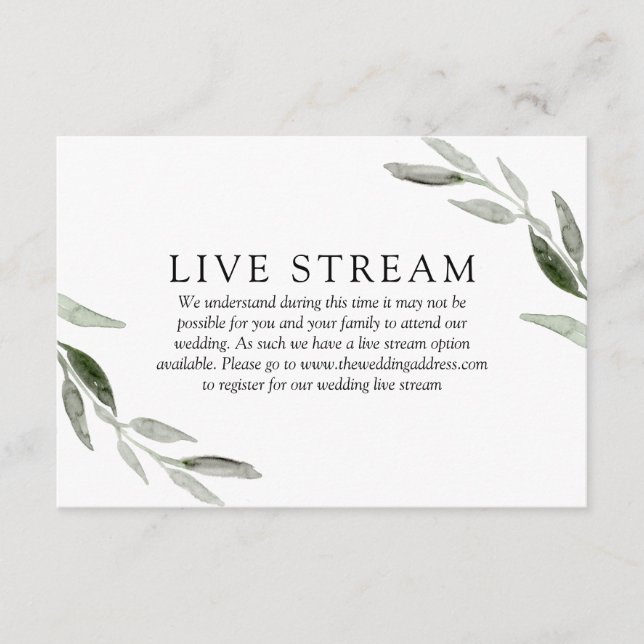 Elegant Spring Green Leaf Wedding Live Stream Enclosure Card (Front)