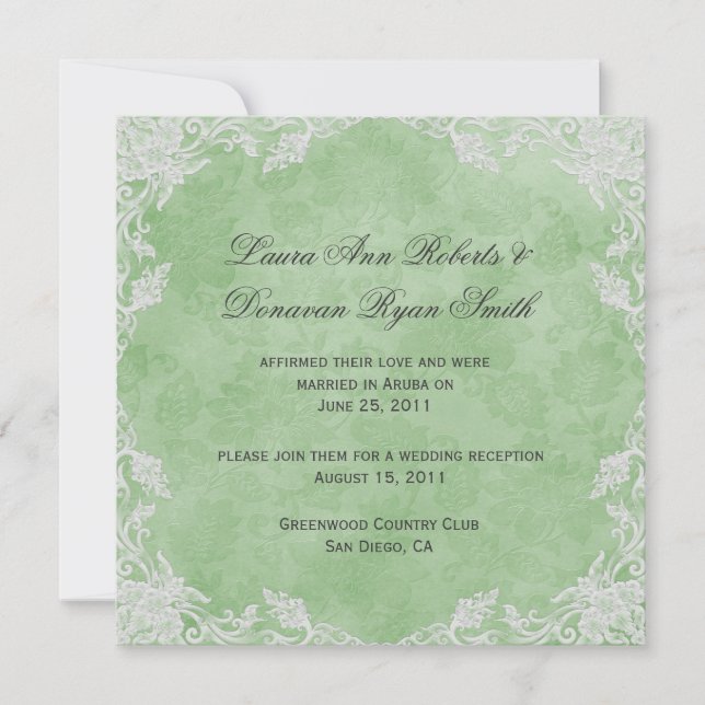 Elegant Spring Green White Floral Damask Post Wedd Invitation (Front)