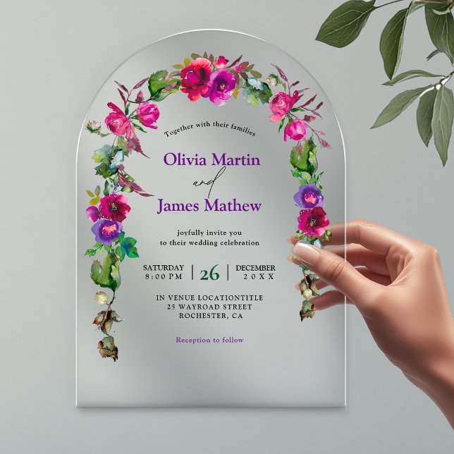 Elegant spring pink purple flowers wedding arch acrylic invitations (Creator Uploaded)