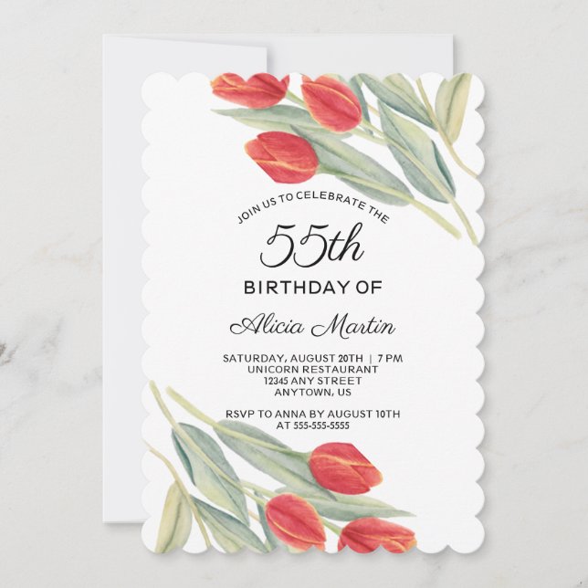 Elegant Spring Red Tulip Flora 55th Birthday Invitation (Front)