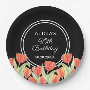 Elegant Spring Red Tulip Flora Black 45th Birthday Paper Plate