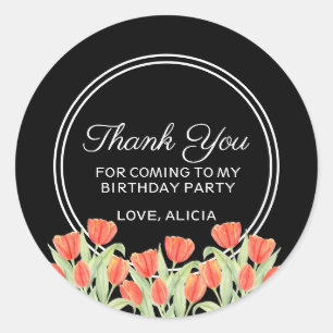 Elegant Spring Red Tulip Flora Black Thank You Classic Round Sticker