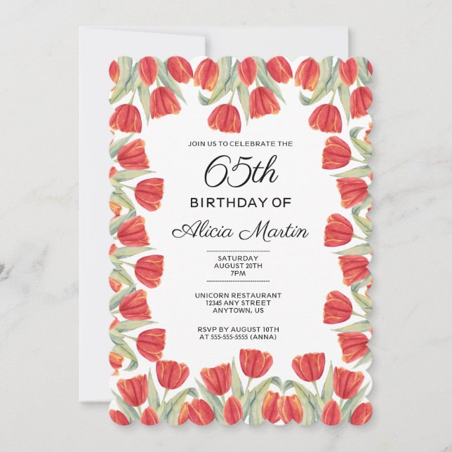 Elegant Spring Red Tulip Flower 65th Birthday Invitation (Front)