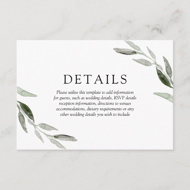 Elegant Spring Summer Green Leaf Wedding Details Enclosure Card (Front)