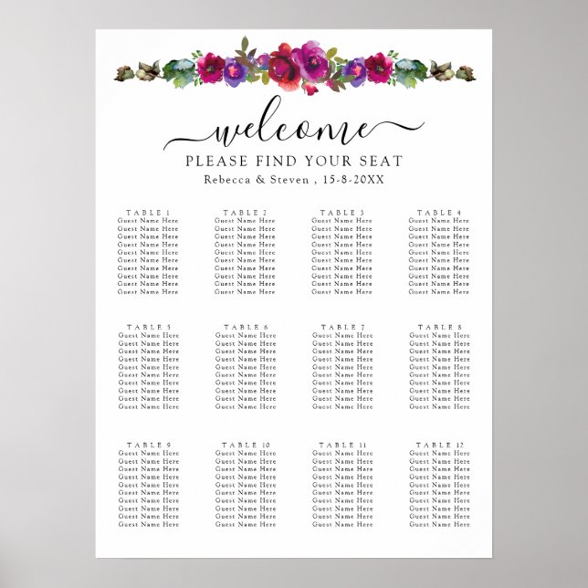 Elegant spring summer pink purple flowers seating poster (Front)