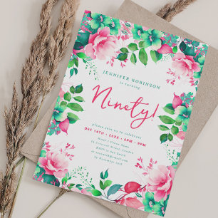 Elegant Spring Watercolor Floral 90 Birthday Invitation