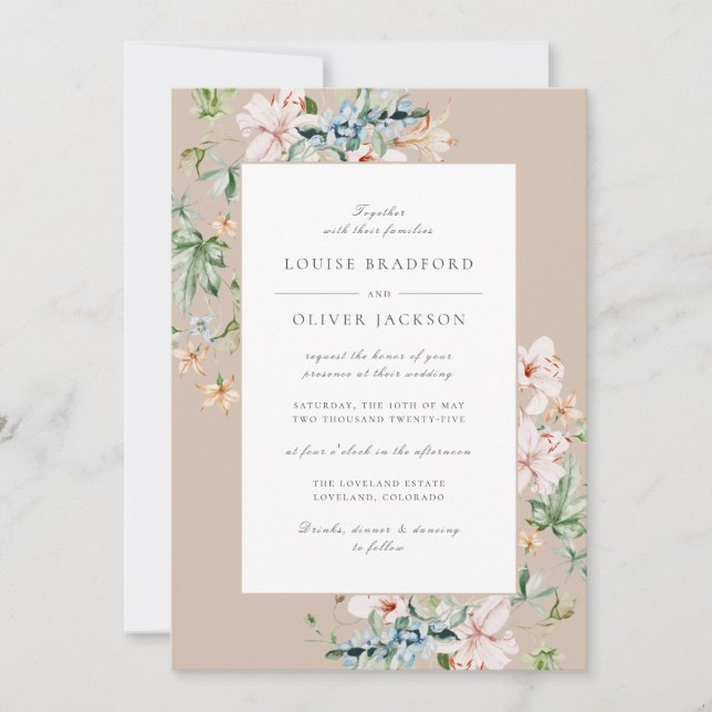 Elegant Spring Watercolor Floral Taupe Tan Wedding Invitation (Front)