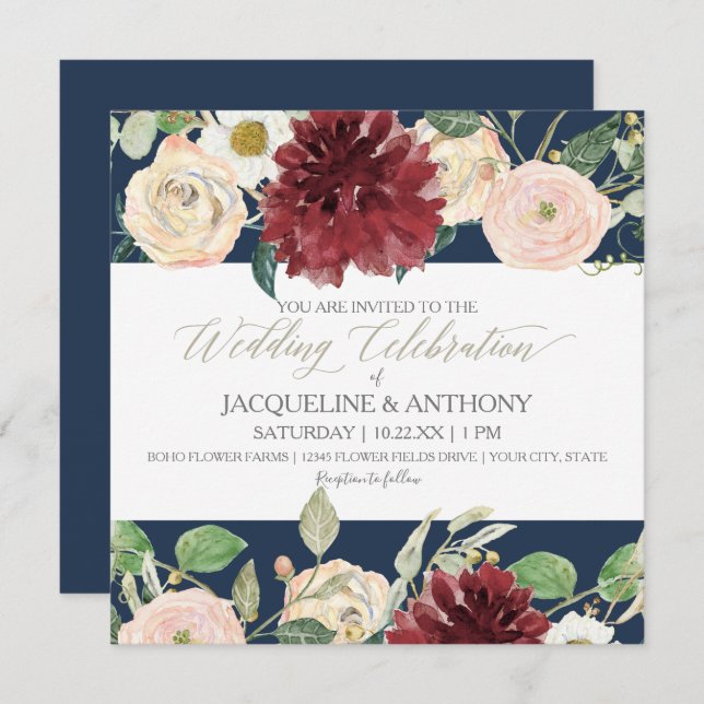Elegant Spring Wedding Chrysanthemum Burgundy Rose Invitation (Front/Back)