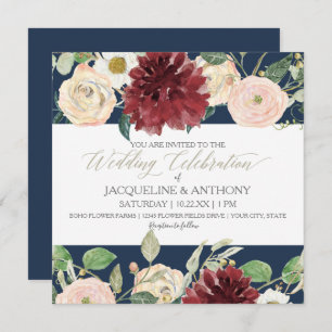 Elegant Spring Wedding Chrysanthemum Burgundy Rose Invitation
