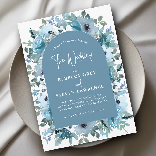 Elegant spring white dusty blue flowers wedding invitation (Creator Uploaded)