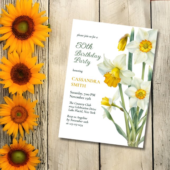 Elegant Spring Yellow Daffodil Floral Birthday Invitation (Creator Uploaded)
