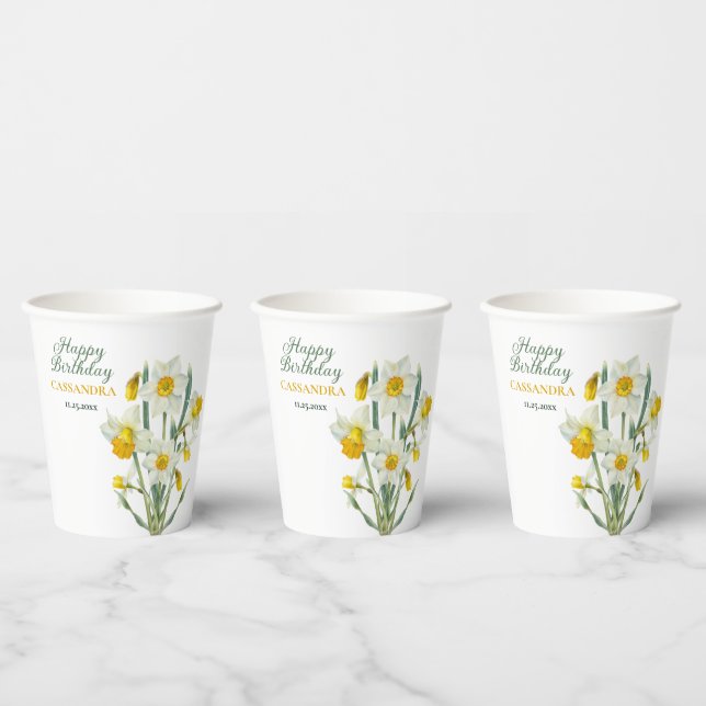Elegant Spring Yellow Daffodil Floral Birthday Paper Cups (Multi)