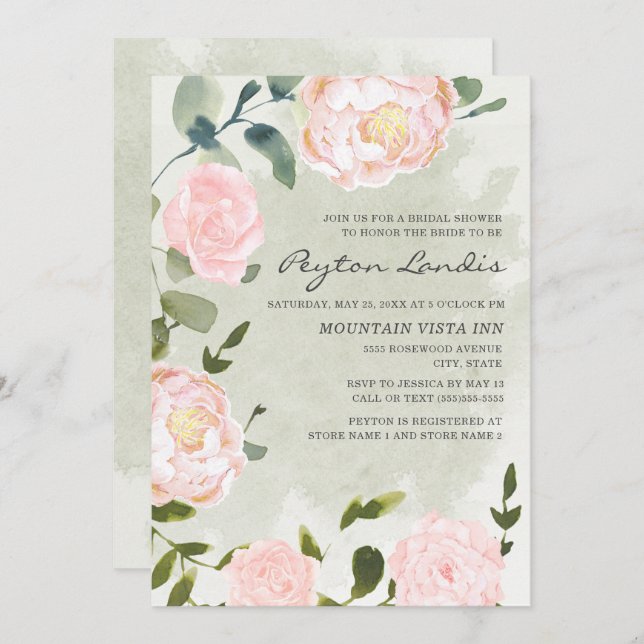 Elegant Springtime Blush Pink Floral Bridal Shower Invitation (Front/Back)