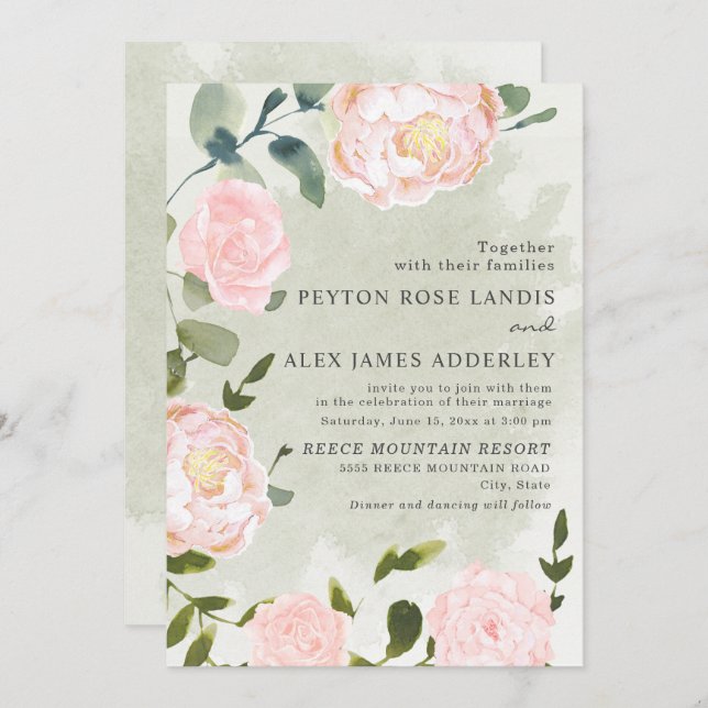 Elegant Springtime Blush Pink Floral Wedding Invitation (Front/Back)