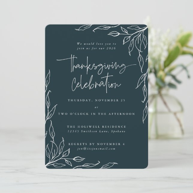 Elegant Spruce Modern Leaf Motif Thanksgiving Invitation (Standing Front)