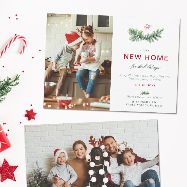 Elegant Spruce New Home Family Monogram 2 Photos Holiday Card (new home moving announcement address change family holiday card christmas green red spruce elegant)