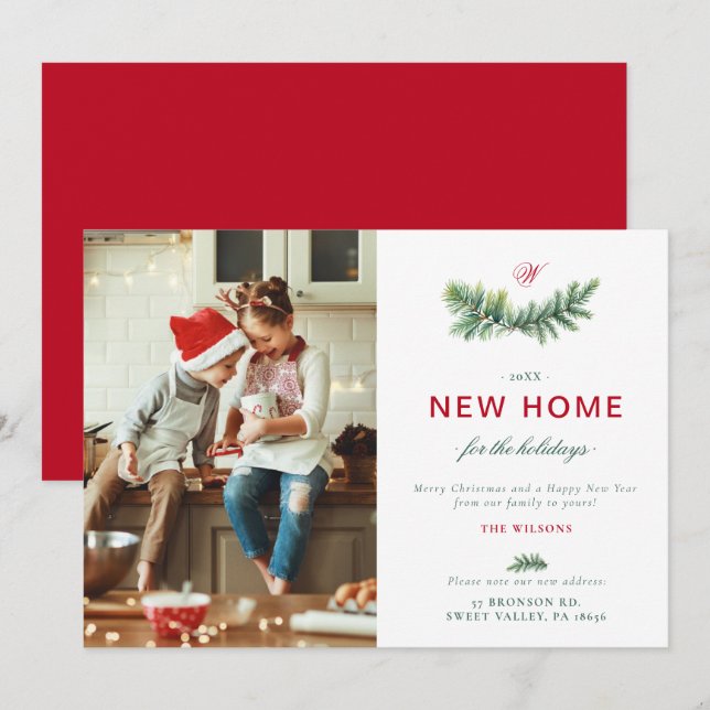 Elegant Spruce New Home Family Monogram Photo Holiday Card (Front/Back)