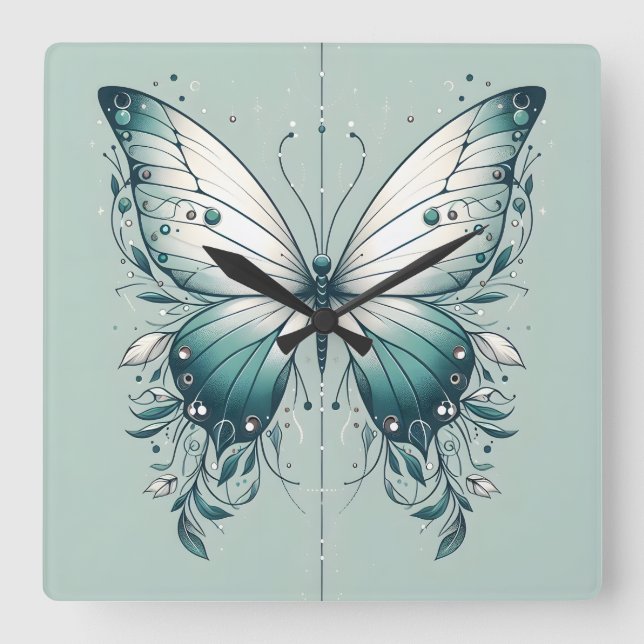 Elegant Square Butterfly Wall Clock (Front)