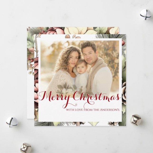 Elegant Square Floral Photo Christmas Card (Front/Back In Situ)