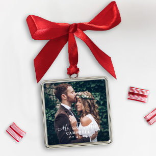 Elegant Square Mr and Mrs Wedding Photo Name Metal Ornament