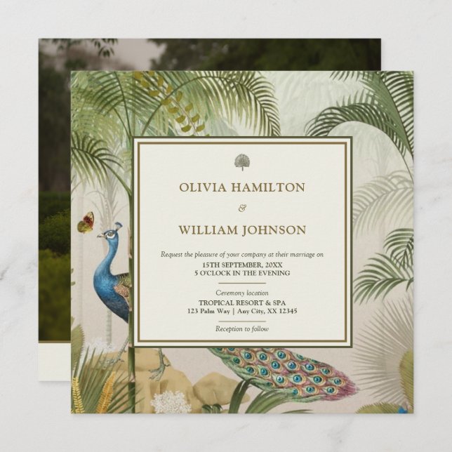 Elegant Square Photo Tropical Peacock Palm Wedding Invitation (Front/Back)