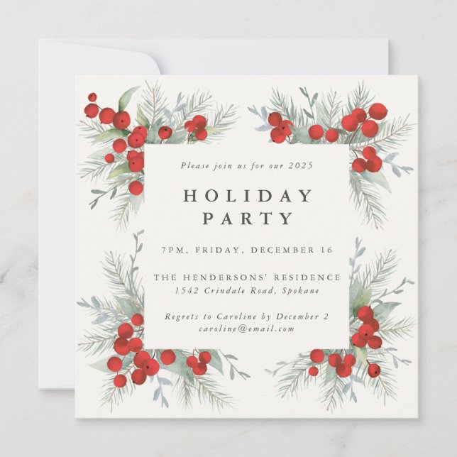 Elegant Square Red Berries Christmas Holiday Party Invitation (Front)