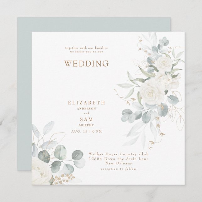 Elegant Square Sage White Floral Wedding Invitation (Front/Back)