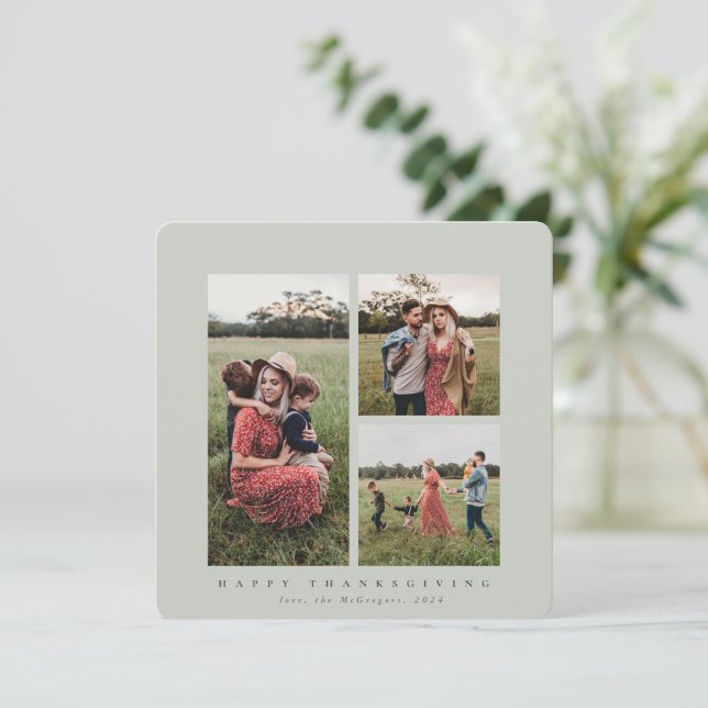 Elegant Square Triple Photo Happy Thanksgiving Card (Standing Front)