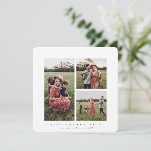 Elegant Square Triple Photo Happy Thanksgiving Card (Standing Front)