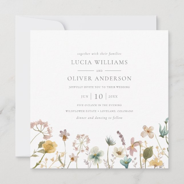 Elegant Square Watercolor Wildflower Wedding Invitation (Front)