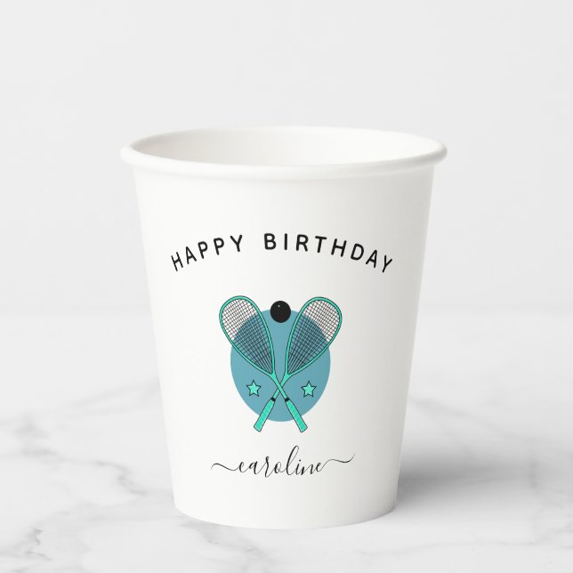 Elegant Squash Rackets & Girls Name Birthday Party Paper Cups (Front)
