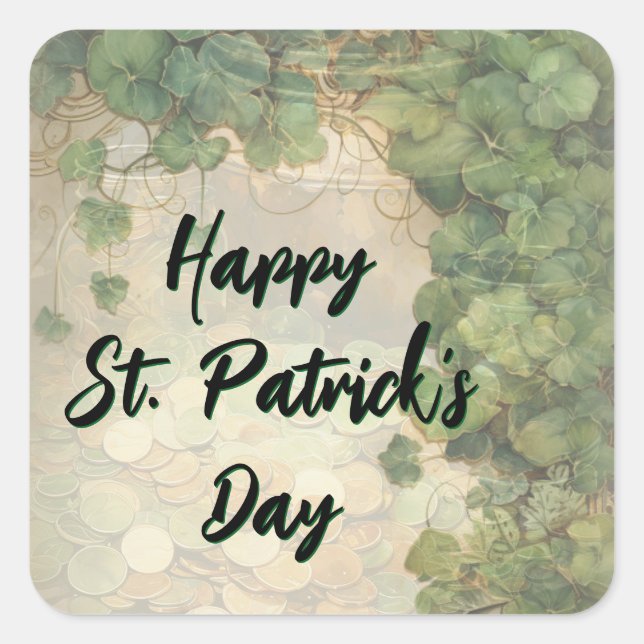 Elegant St. Patrick’s Day Green Clover Square Sticker (Front)