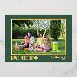 Elegant St patricks day Shamrocks family photo  Foil Holiday Card