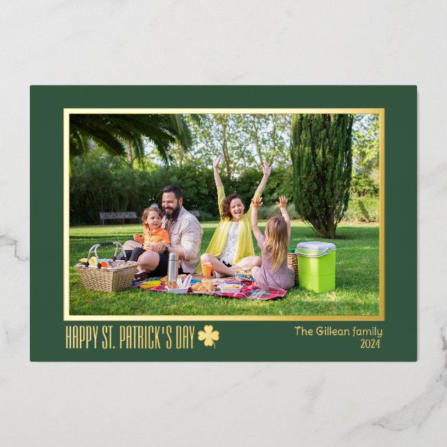 Elegant St patricks day Shamrocks family photo  Foil Holiday Card (Front)