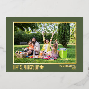 Elegant St patricks day Shamrocks family photo Foil Holiday Card