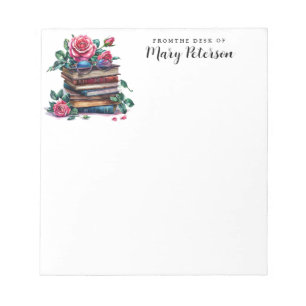 Elegant Stack Of Books Roses And Glasses Notepad