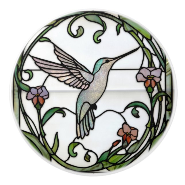 Elegant stain glass art nouveau hummingbird ceramic knob (Front)