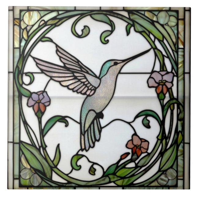 Elegant stain glass art nouveau hummingbird ceramic tile (Front)