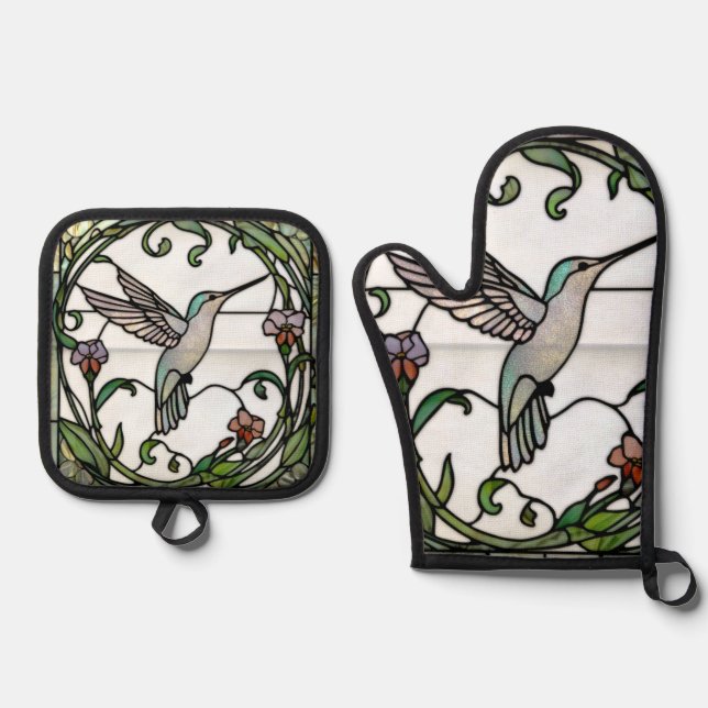 Elegant stain glass art nouveau hummingbird oven mitt & pot holder set (Front)